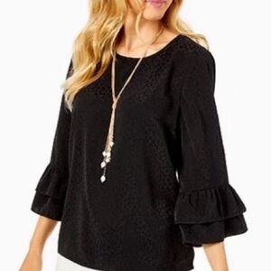 Lilly Pulitzer Charcoal Leopard-Jacquard Ruffle Blouse – Size S